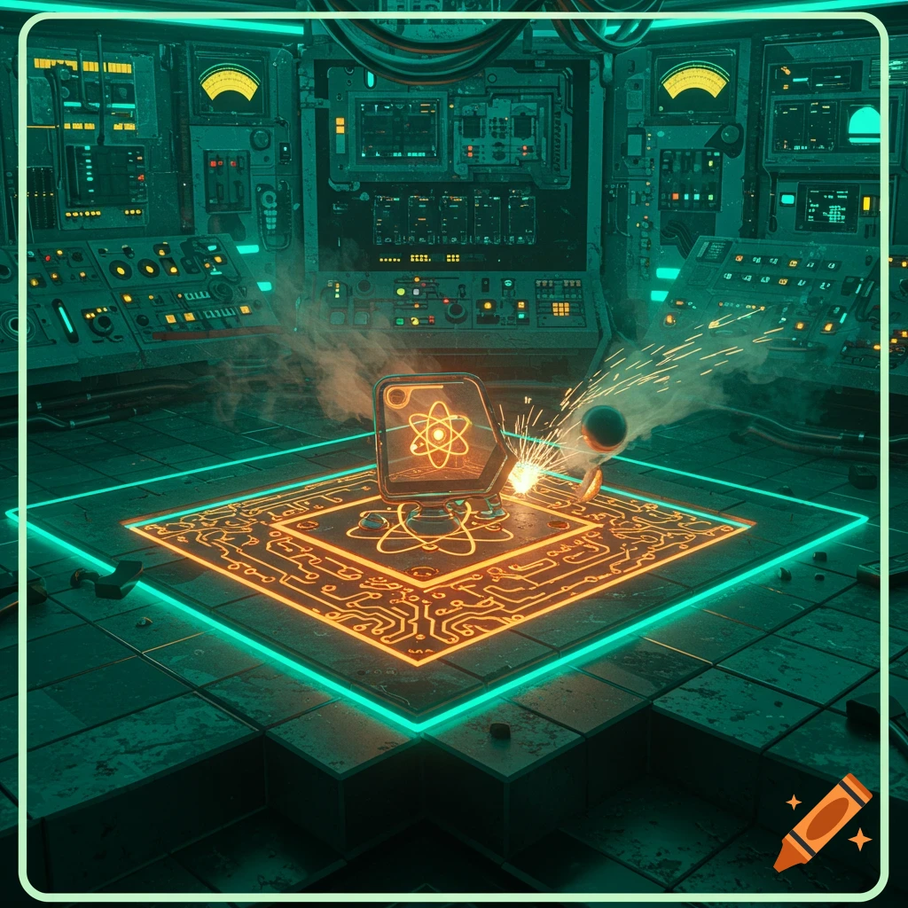 A glowing atomic symbol on a platform in a retro-futuristic, atompunk-style control room, with sparks flying.