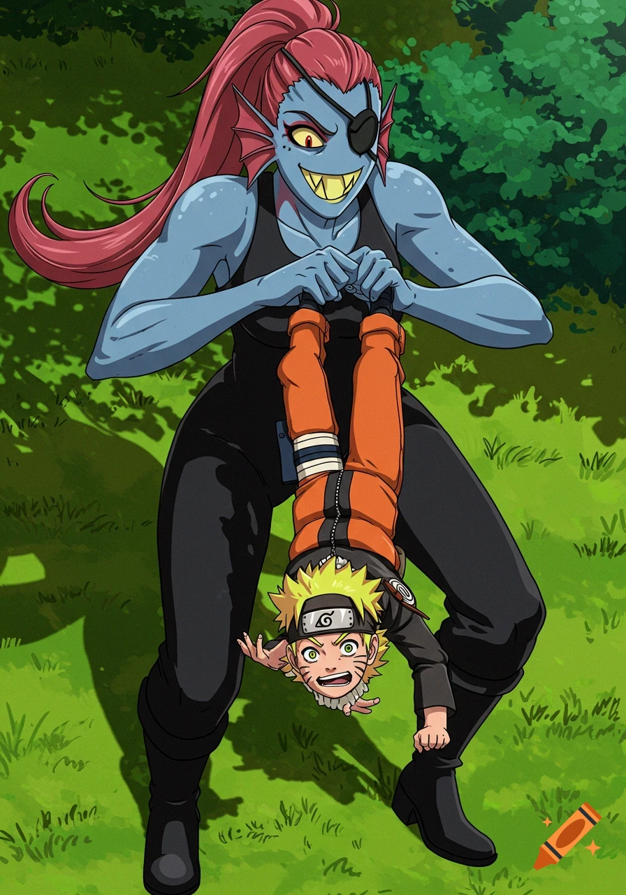 Undyne, a blue-skinned, red-haired character with an eyepatch, holds a surprised Naruto Uzumaki upside down by his jumpsuit against a green background.