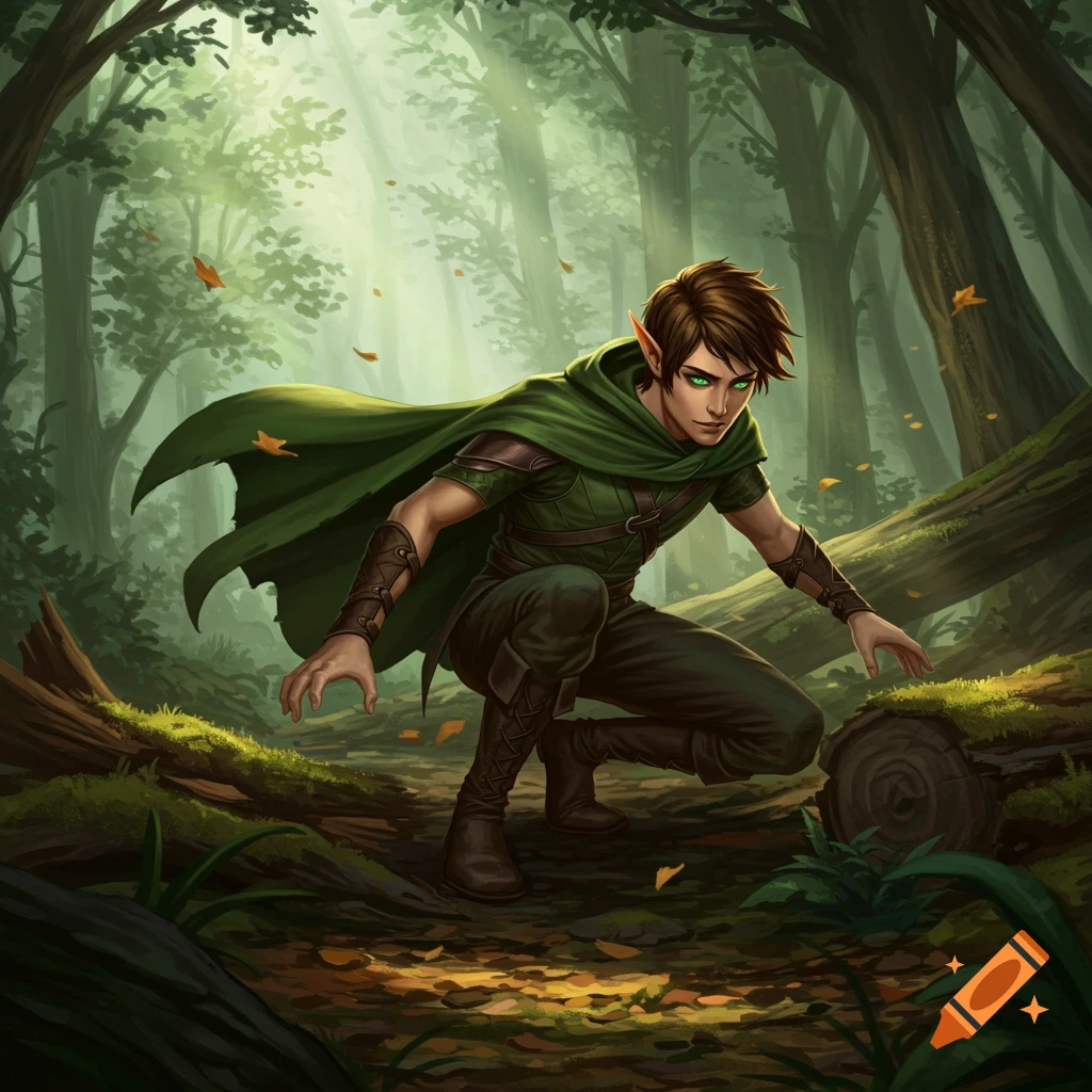 A green-eyed elf in a green cape crouches in a sun-dappled forest, looking forward in a fantasy art style.