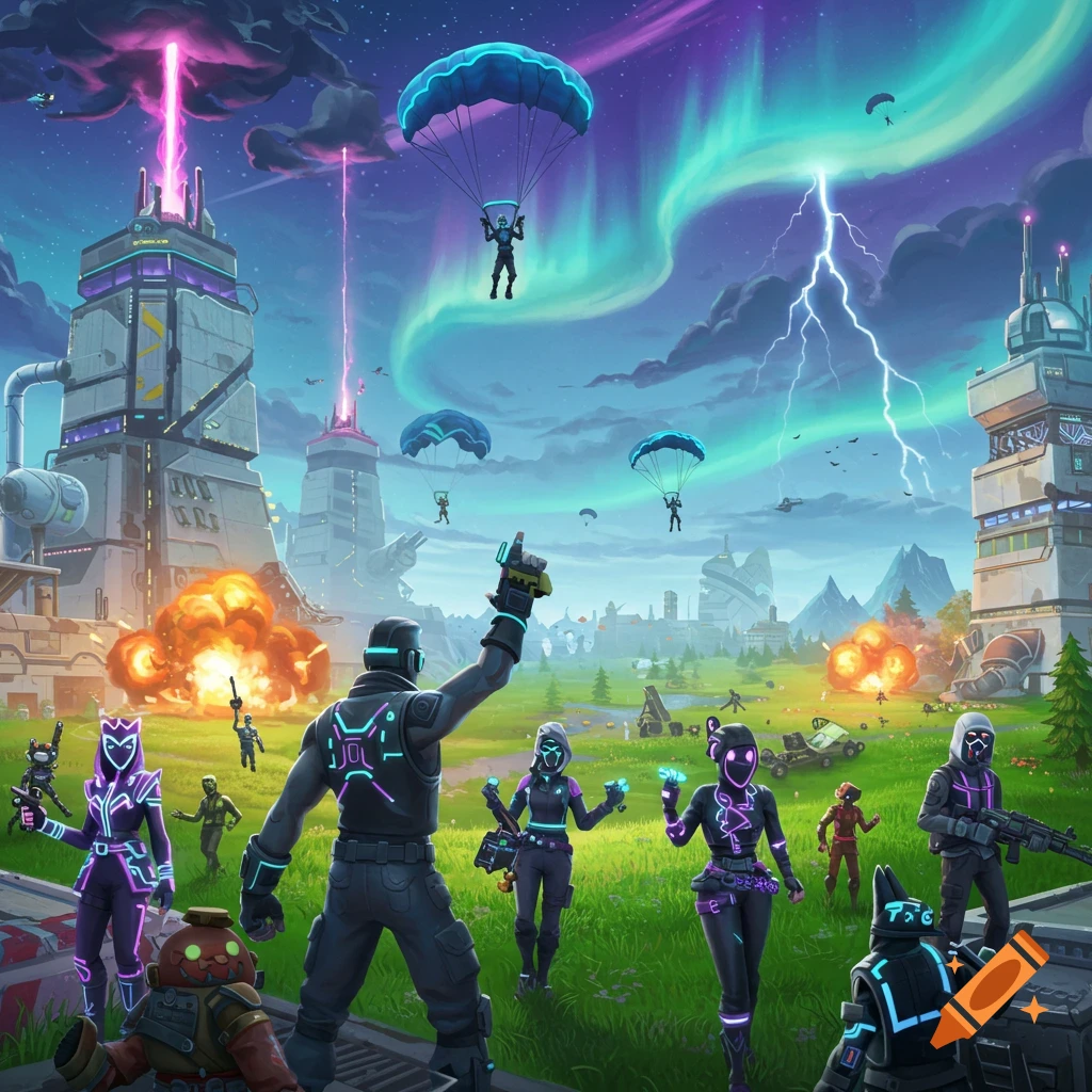 Stylized battle royale scene featuring players parachuting onto a vibrant landscape with futuristic buildings, explosions, and a vivid aurora sky.