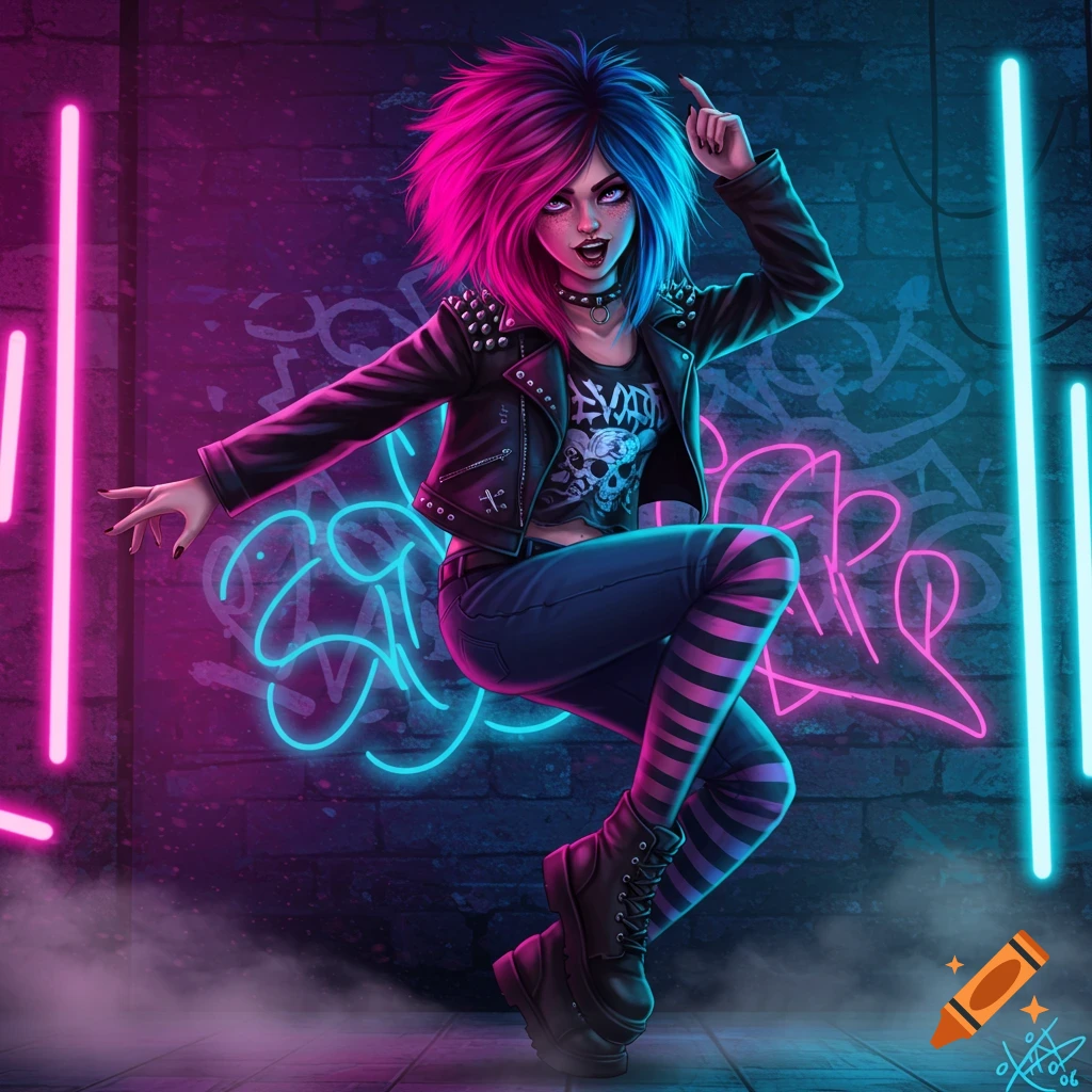 A vibrant digital illustration of a punk or scene girl with pink and blue hair, wearing a studded leather jacket and striped tights, posing against a brick wall with neon lights and graffiti.