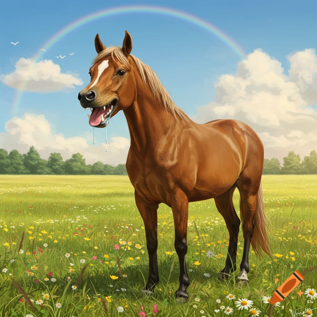 A brown horse with an open, drooling dog-like mouth stands in a vibrant wildflower field under a bright rainbow.