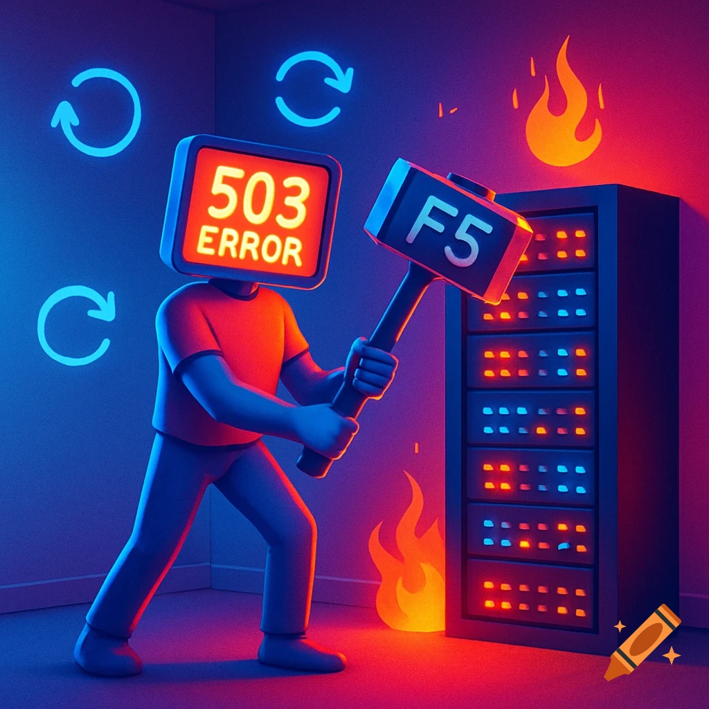 A stylized 3D character with a 503 error screen for a head, holding an F5 hammer near a server rack with neon lights.