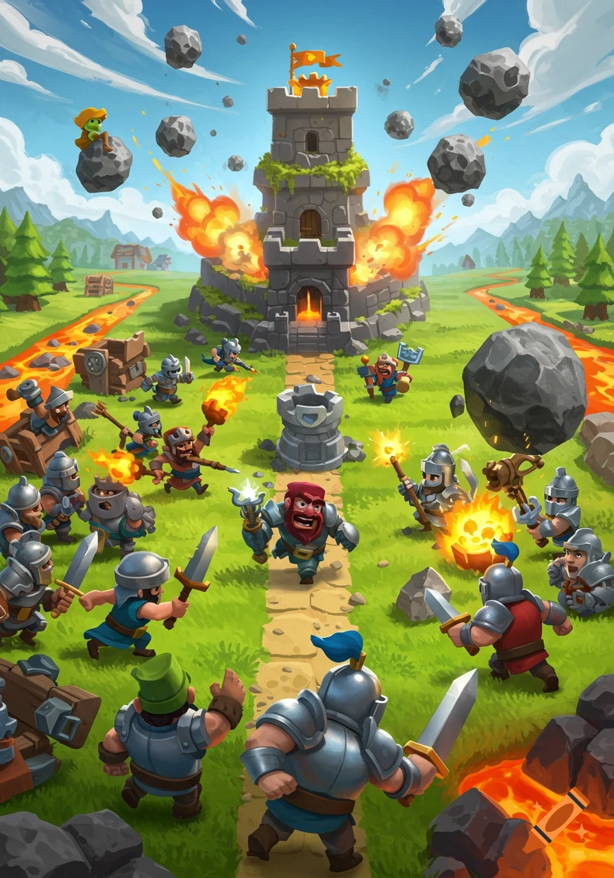 A vibrant cartoon medieval battle scene featuring soldiers attacking a stone tower amidst explosions, flying rocks, and a lava river.