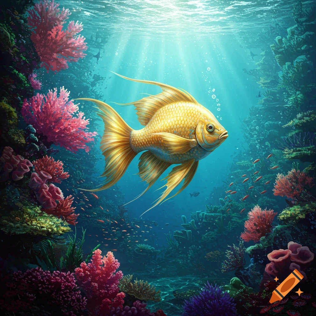 A golden goldfish swims among vibrant coral reefs in a sunlit underwater scene.