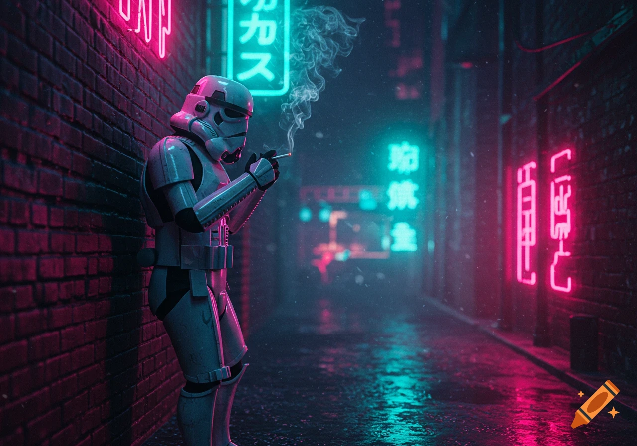 A lone stormtrooper smokes a cigarette in a dark, rain-slicked cyberpunk alley illuminated by neon signs.