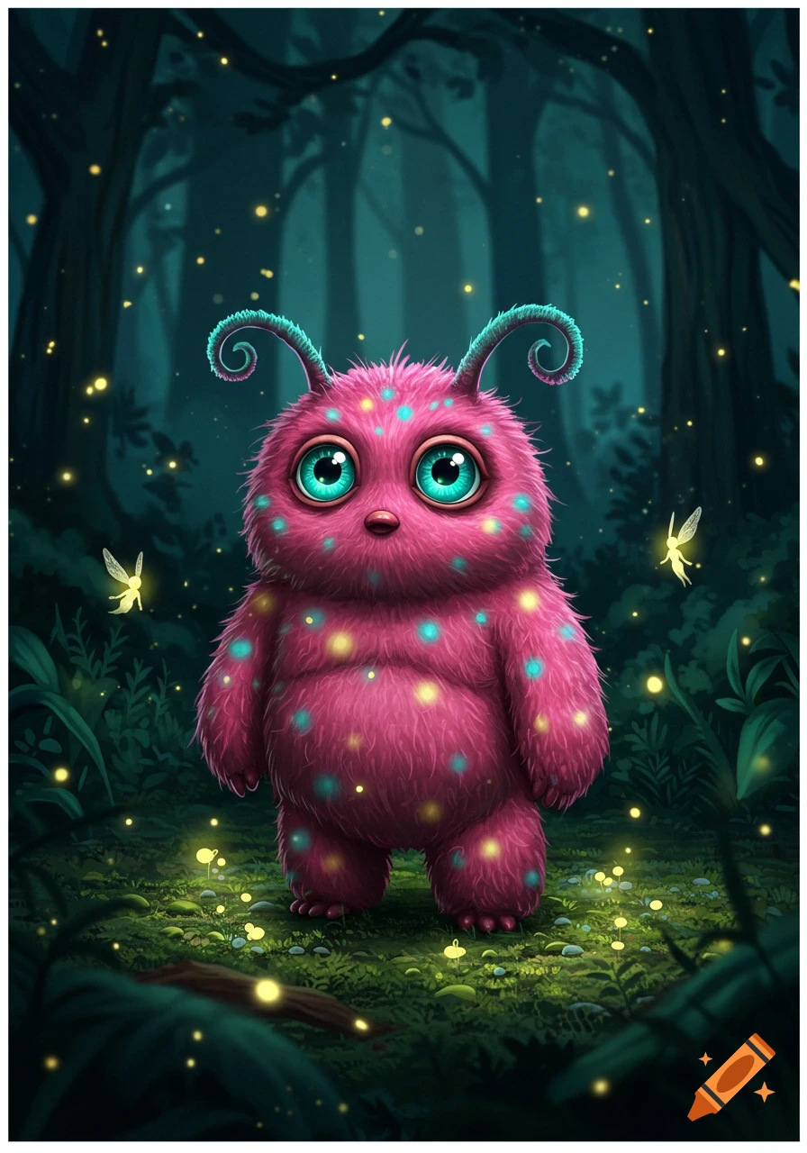 A fluffy pink monster with big blue eyes and colorful polka dots stands in a dark, glowing fantasy forest with fireflies.