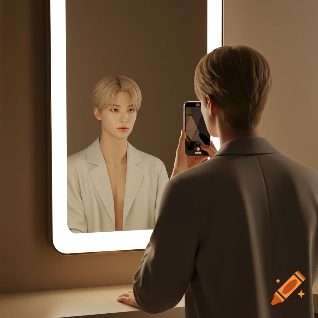 A person with blonde hair takes a selfie in a brightly lit mirror, wearing an open blazer. Their reflection is visible in the mirror.