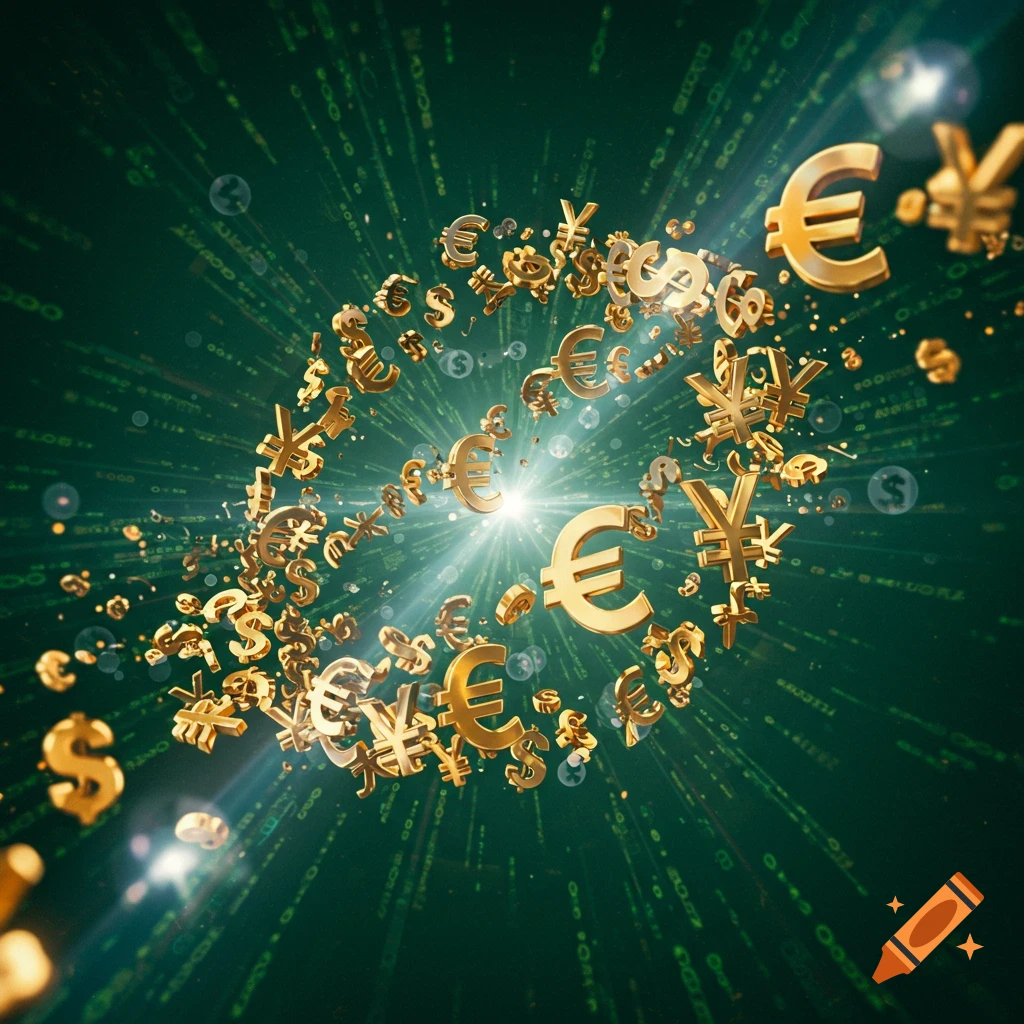 Golden currency symbols (Euro, Dollar, Yen) spiral outward from a bright central light on a dark green digital matrix background.