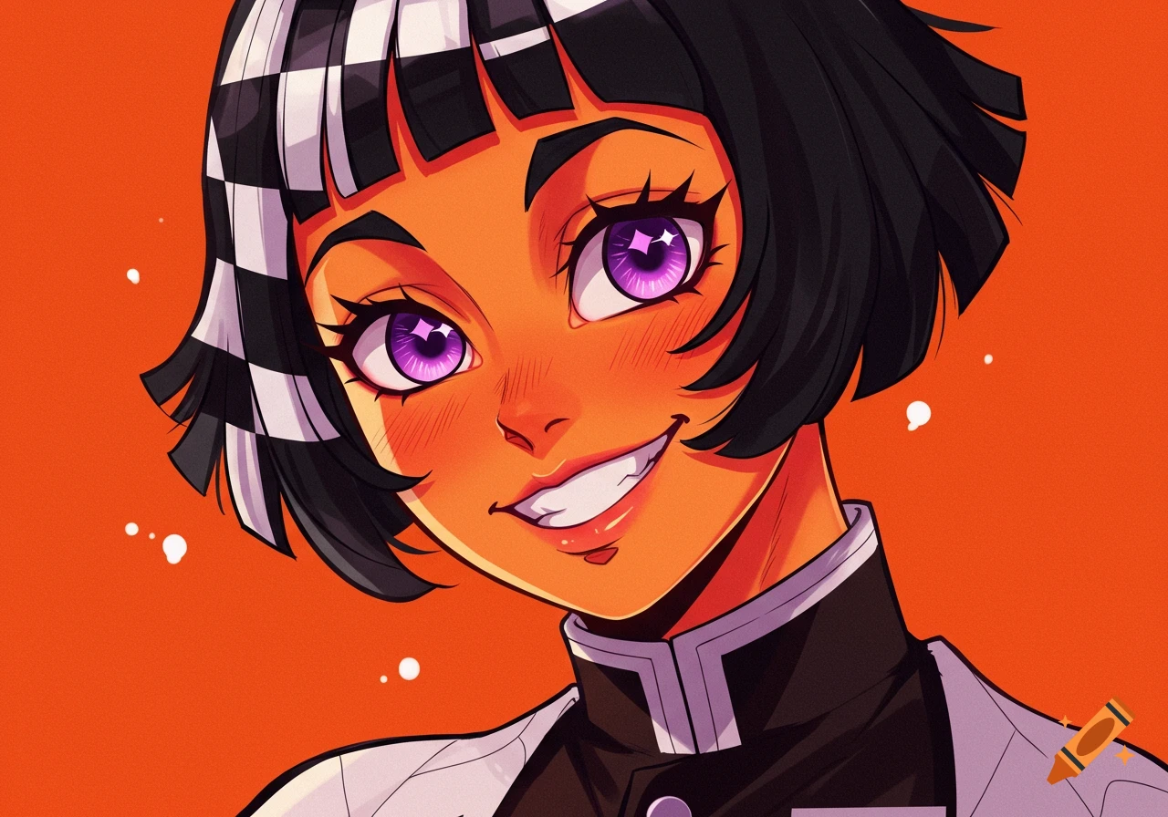 Anime-style portrait of a girl with checkerboard hair, orange skin, and bright purple eyes, smiling in a uniform.