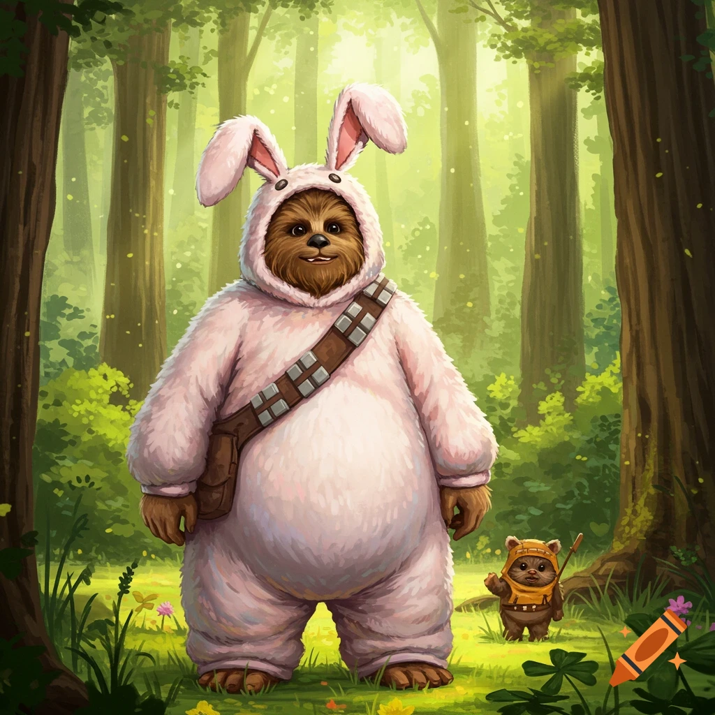 An illustrated Wookie in a pink bunny suit stands in a green forest with a small Ewok nearby.