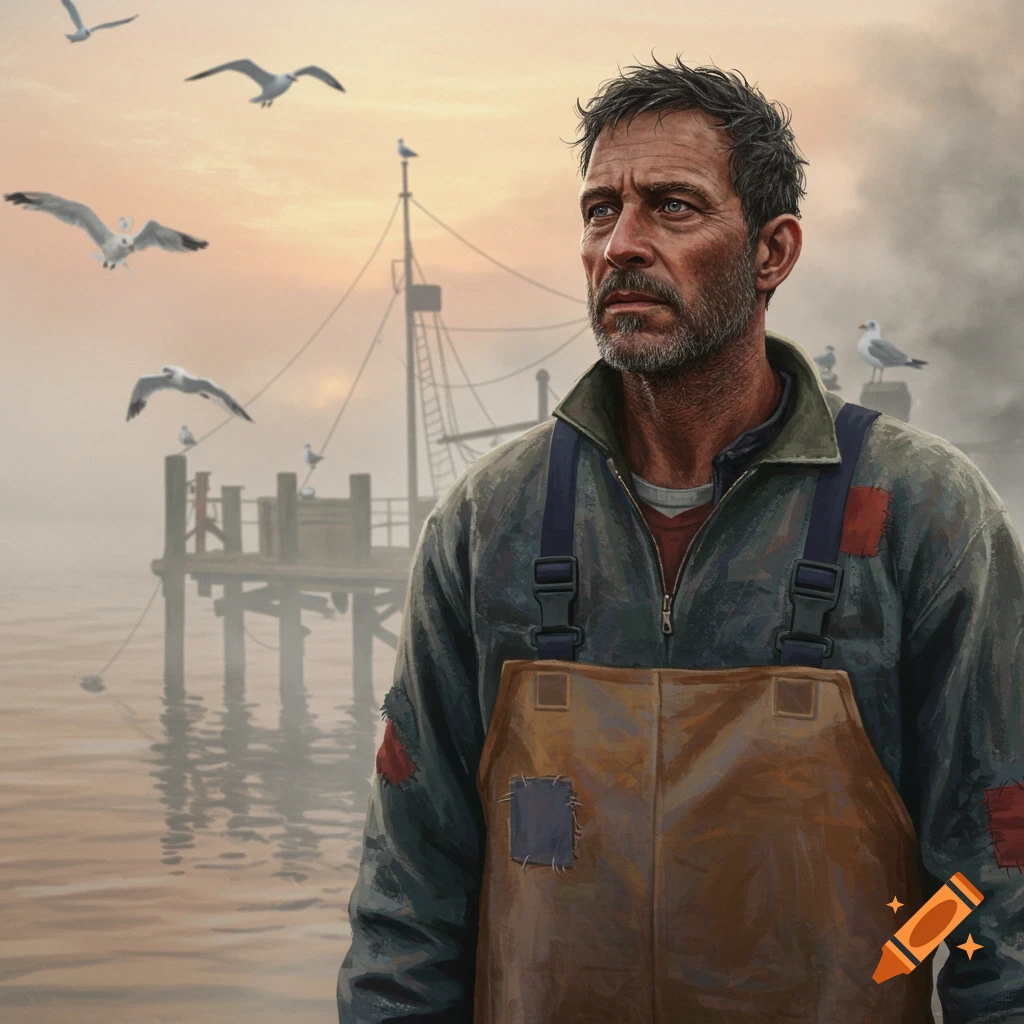 A rugged fisherman stands on a foggy pier with seagulls flying above and in the distance.