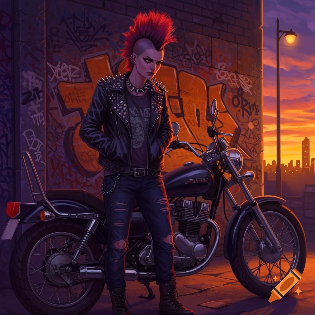 A punk woman with a red mohawk and studded leather jacket stands next to a motorcycle against a graffiti wall at sunset.