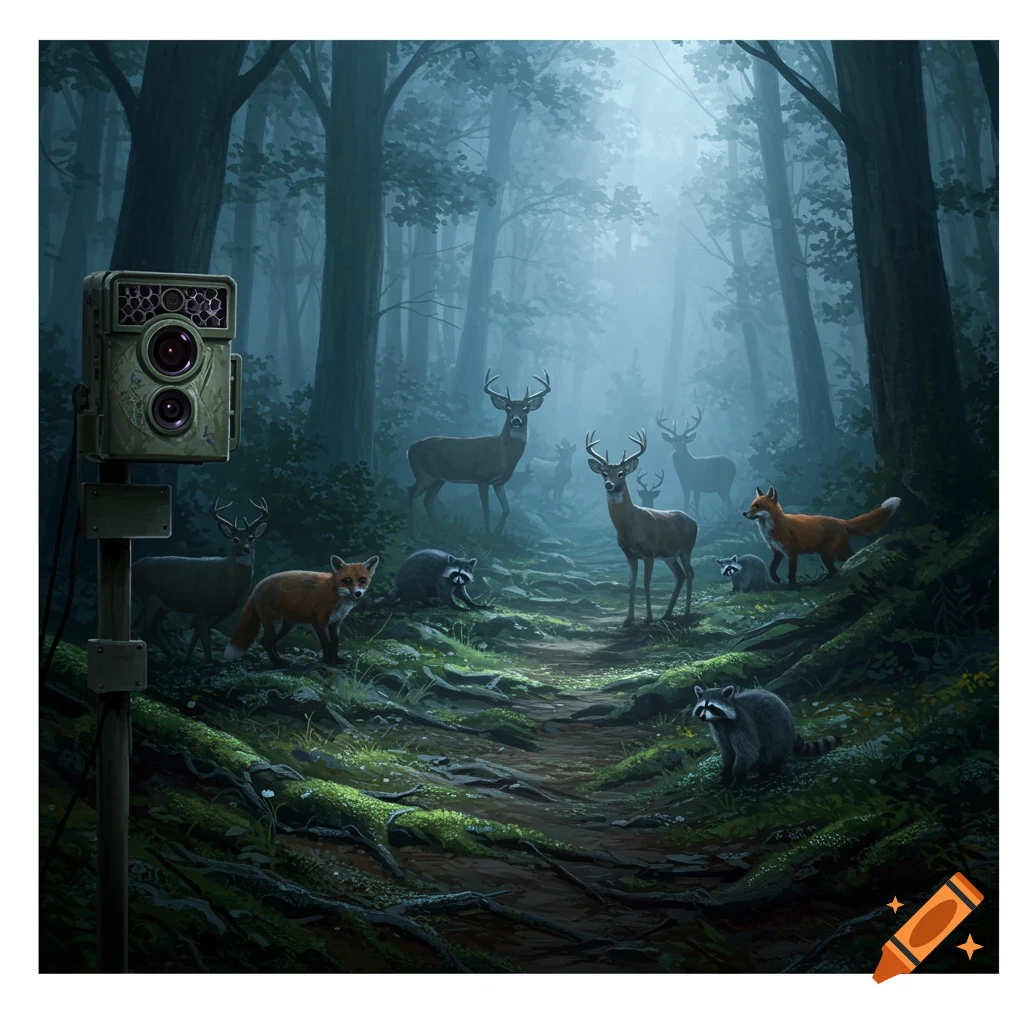 A digital illustration of deer, foxes, and raccoons on a mossy path in a misty forest with a trail camera.