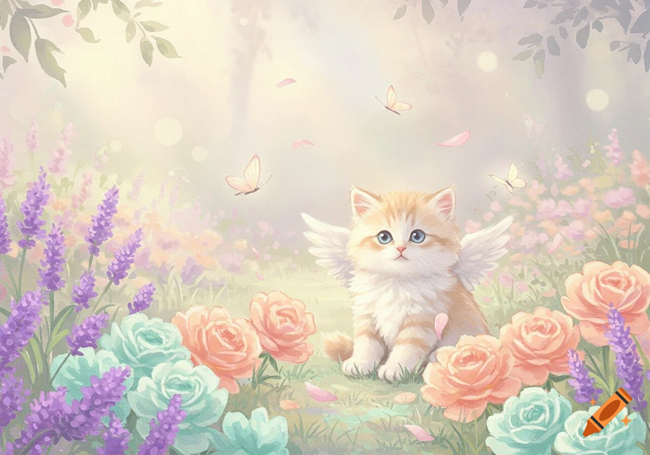 A cute ginger and white kitten with small wings sits in a pastel garden surrounded by colorful flowers and butterflies.