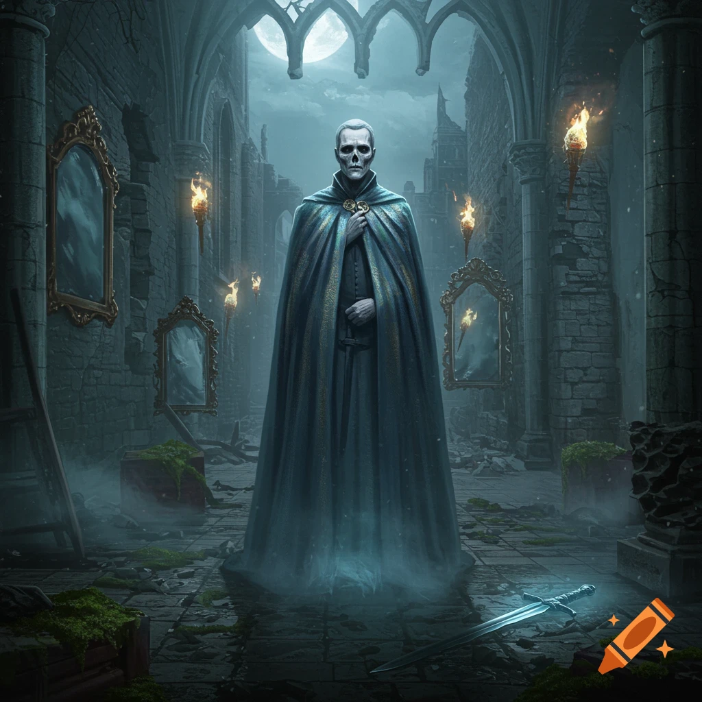 A skeletal figure in a blue cape stands in a ruined gothic cathedral under moonlight, with glowing torches and a luminous sword.