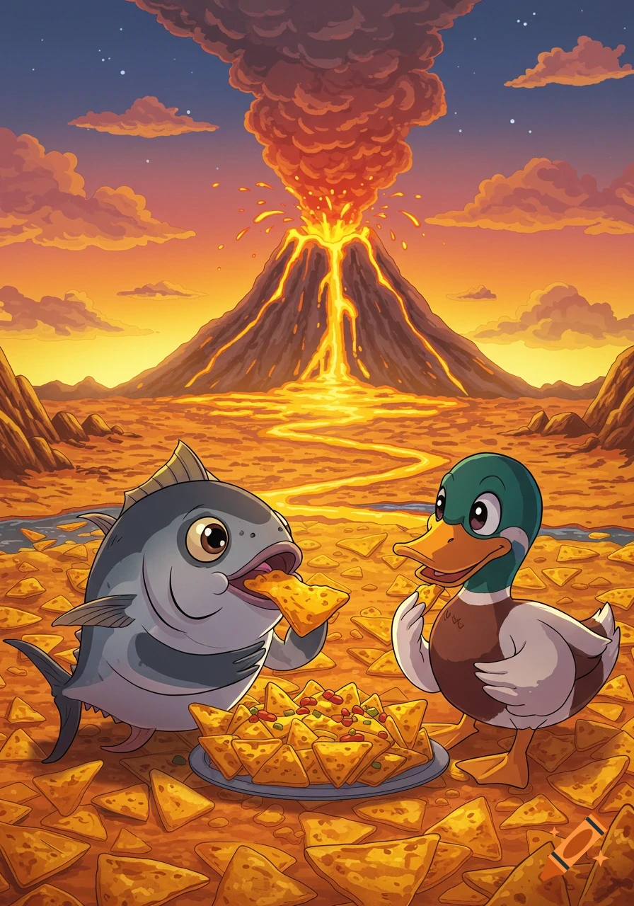 An anime-style tuna fish and mallard duck eat nachos in a land of tortilla chips with a nacho cheese volcano erupting.