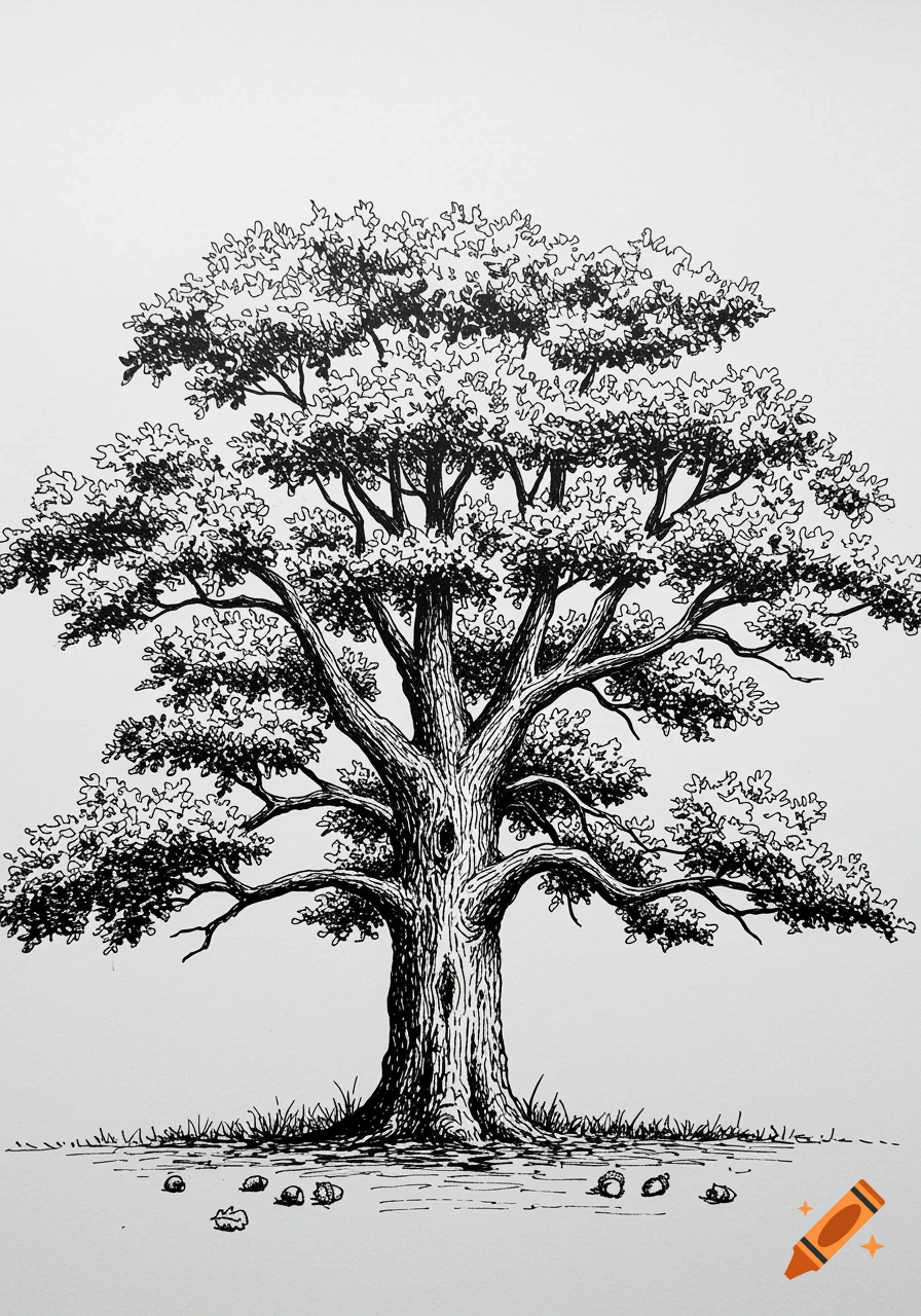 A detailed black and white ink sketch of a mature tree with many branches and leaves, on a white background.
