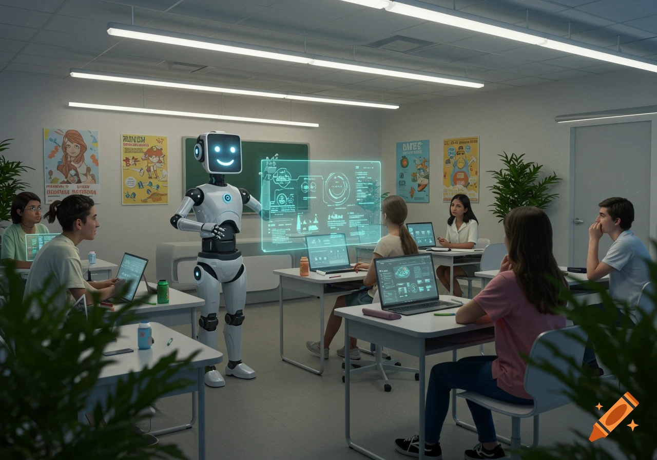 A friendly robot teaches students using a holographic display in a bright, modern classroom. Students work on laptops at desks.