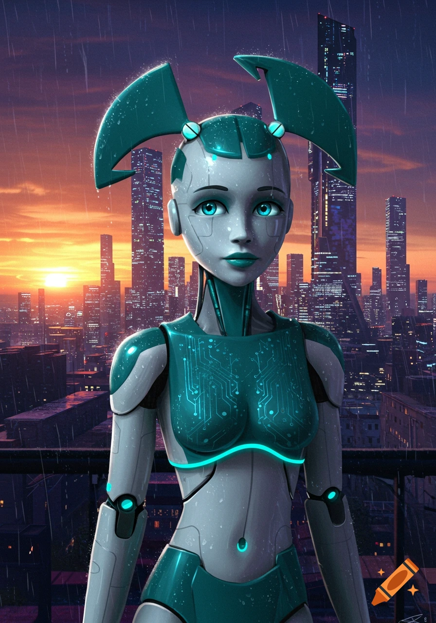 Jenny the robot stands on a rainy rooftop, overlooking a futuristic city skyline at sunset.