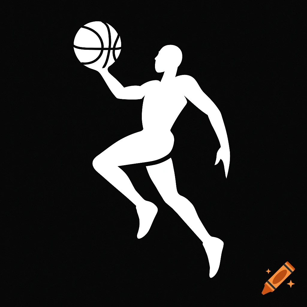 A stylized black and white logo of a basketball player in mid-air, holding a basketball as if shooting.