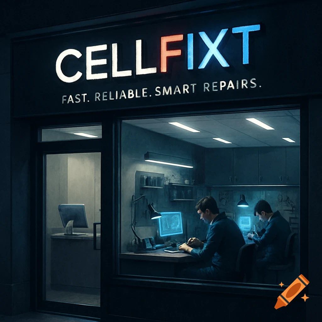 Night view of a 'CELLFIXT' mobile repair shop with glowing neon sign, two technicians working inside on glowing blue screens.