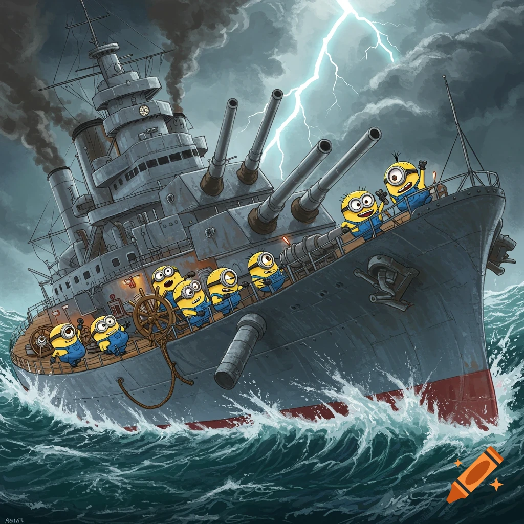 Cartoon Minions on a battleship battling stormy seas with lightning, in an illustrated style.