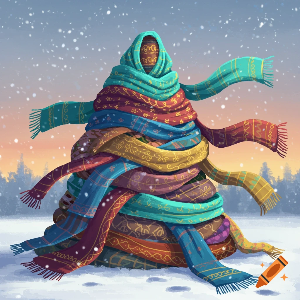 A figure completely wrapped in many colorful patterned scarves stands in a snowy winter landscape with a forest in the background.