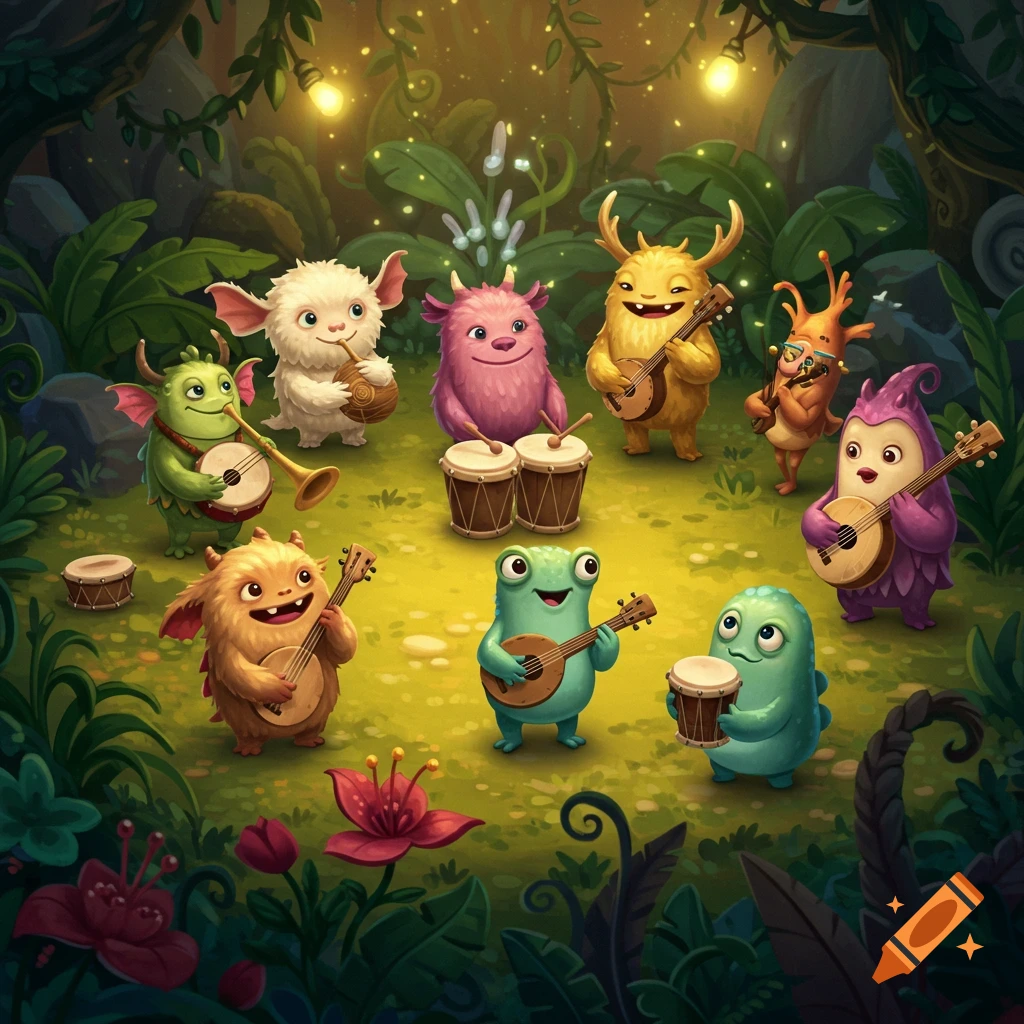 A cheerful group of colorful cartoon monsters playing musical instruments in a whimsical forest with glowing lights.