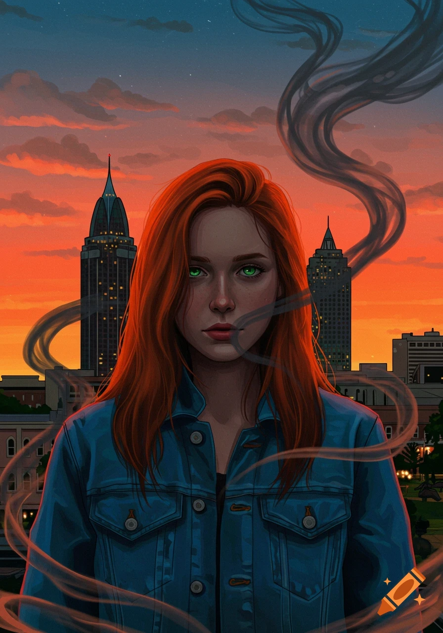 A woman with red hair and green eyes in a denim jacket stands against a vibrant sunset over a city skyline with stylized smoke.