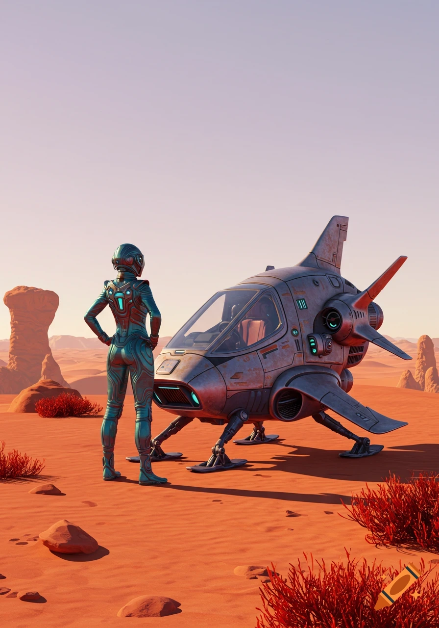 A female science fantasy adventurer in a futuristic suit stands beside her small spaceship on a red desert planet, Moebius art style.