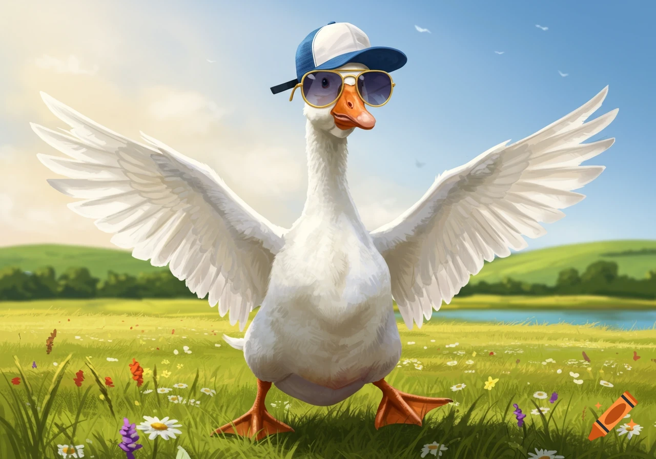A whimsical white goose wearing a baseball cap and sunglasses, standing with wings spread in a sunny field of wildflowers.