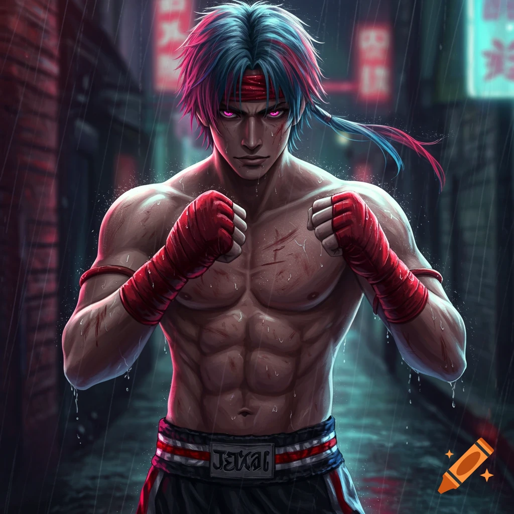 Anime-style male Muay Thai fighter with blue and red hair, red hand wraps, and cuts, standing in the rain in a dark alley.