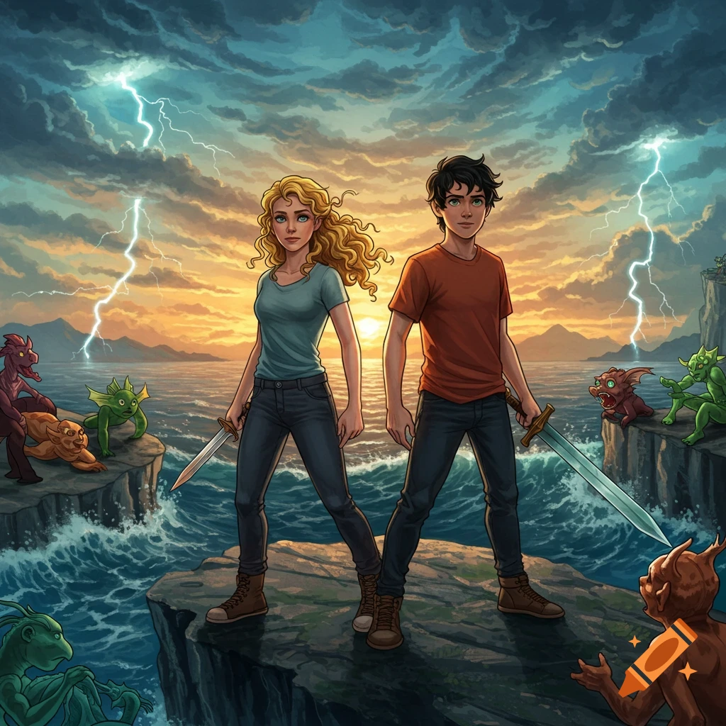 Percy Jackson and Annabeth Chase stand on a cliff overlooking a stormy sea with mythical creatures and lightning.