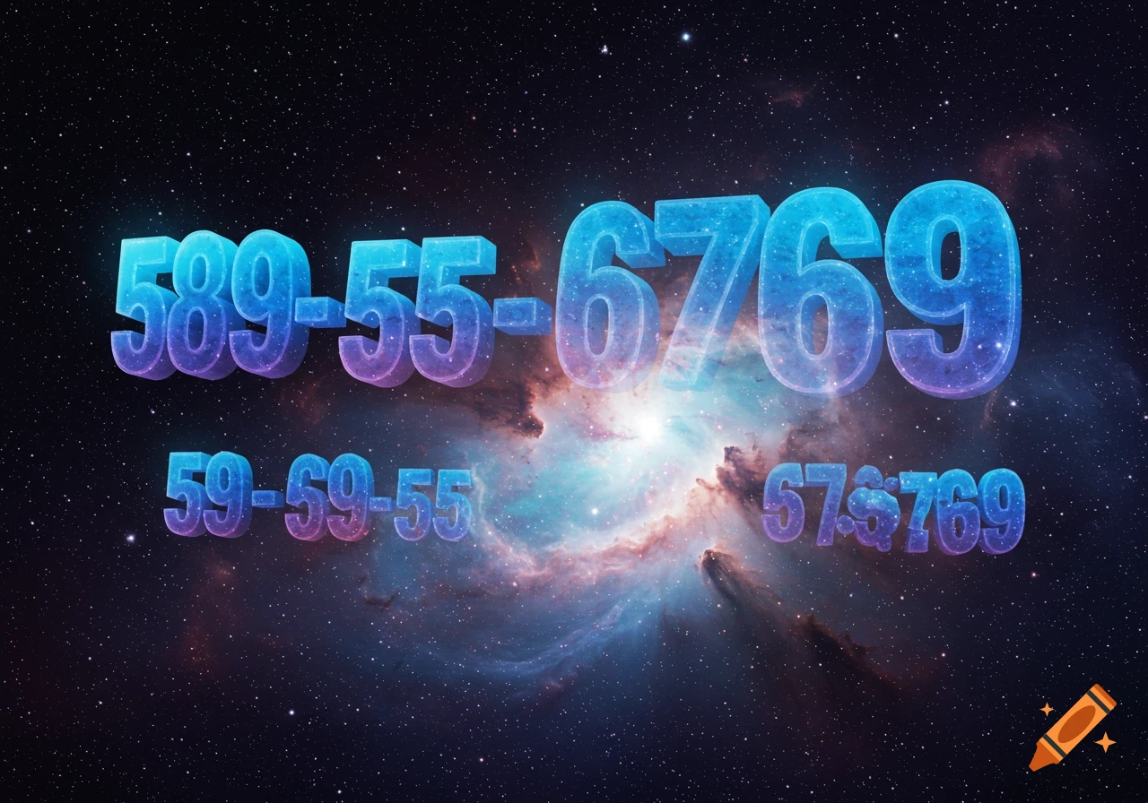 3D glowing numbers '589-55-6769' in a starry cosmic nebula background with smaller, similar numbers below.
