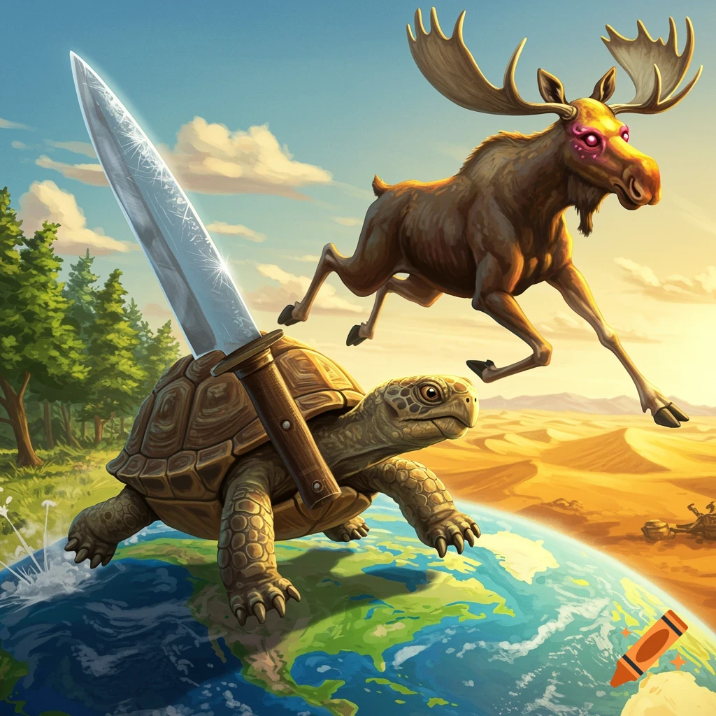 A cartoon turtle with a sword in its shell runs across a globe while a pink-eyed moose flies over a desert background.