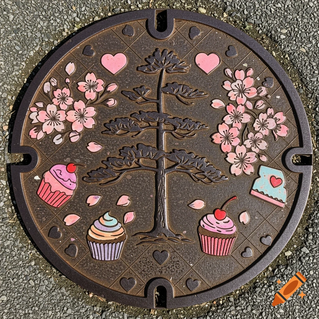 A decorative circular manhole cover featuring a central pine tree, cherry blossoms, pink hearts, cupcakes, and a quilted pattern, set on a textured ground.