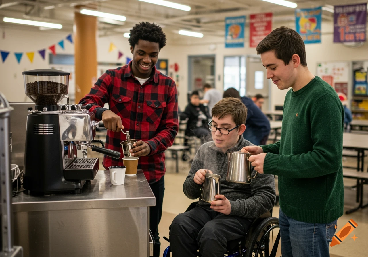 A diverse group of three students, including a Black student and one in a wheelchair, smiling while making coffee at a school-based coffee cart.