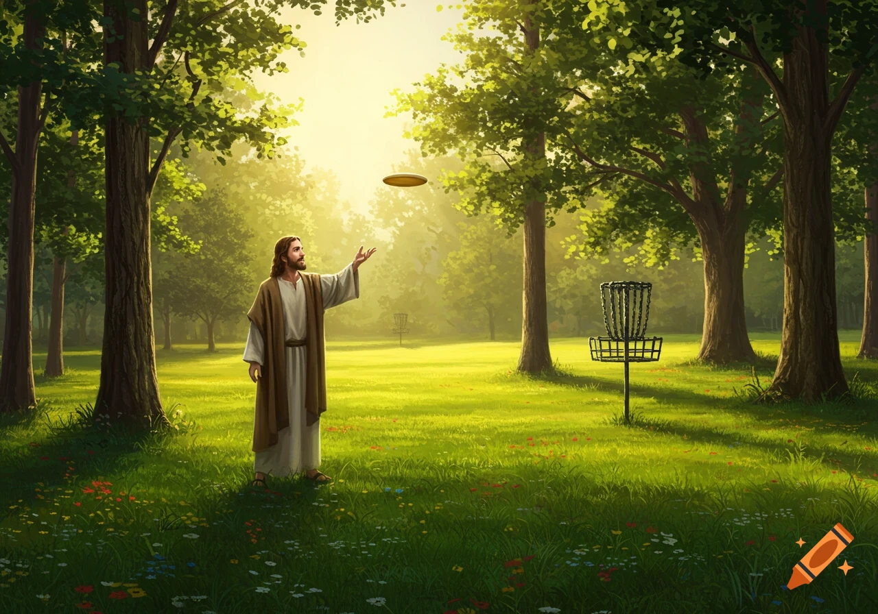 Jesus in a robe playing disc golf in a sunny park with green grass and trees.
