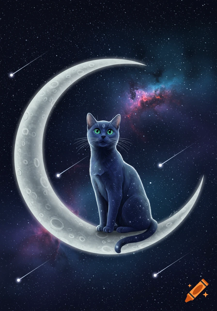 A mystical black cat with glowing green eyes sits on a crescent moon in a starry night sky with colorful nebulae and shooting stars.