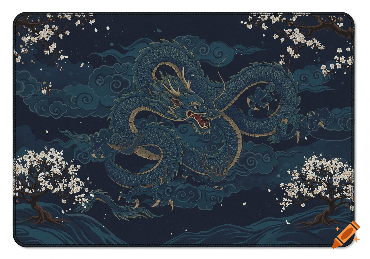 A detailed illustration of a blue Chinese dragon amidst clouds and cherry blossoms on a dark blue background.