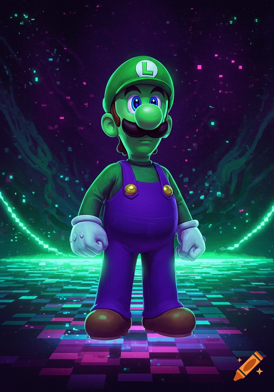 Luigi with green skin and purple overalls stands on a glowing checkered floor against a dark, neon-lit digital background.