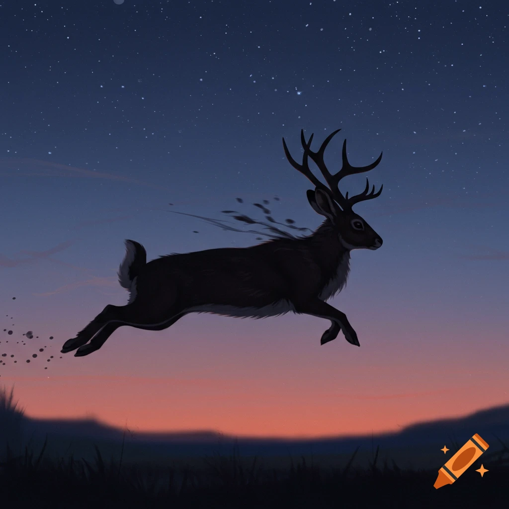 An illustrated jackalope with antlers leaps across a twilight sky filled with stars, above a dark landscape.