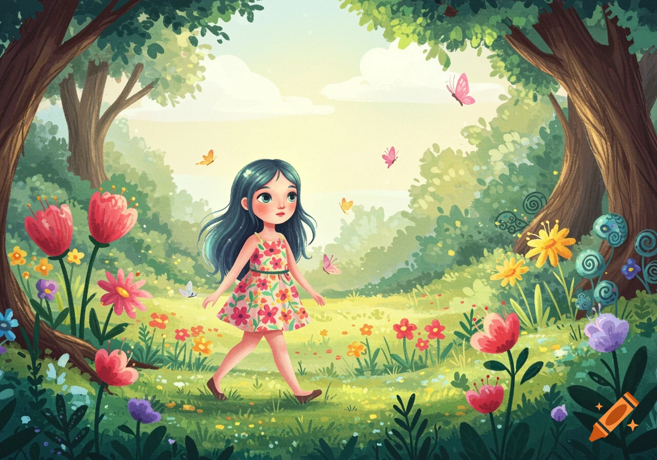 Whimsical illustration of a young girl walking through a vibrant, flowery forest with butterflies.