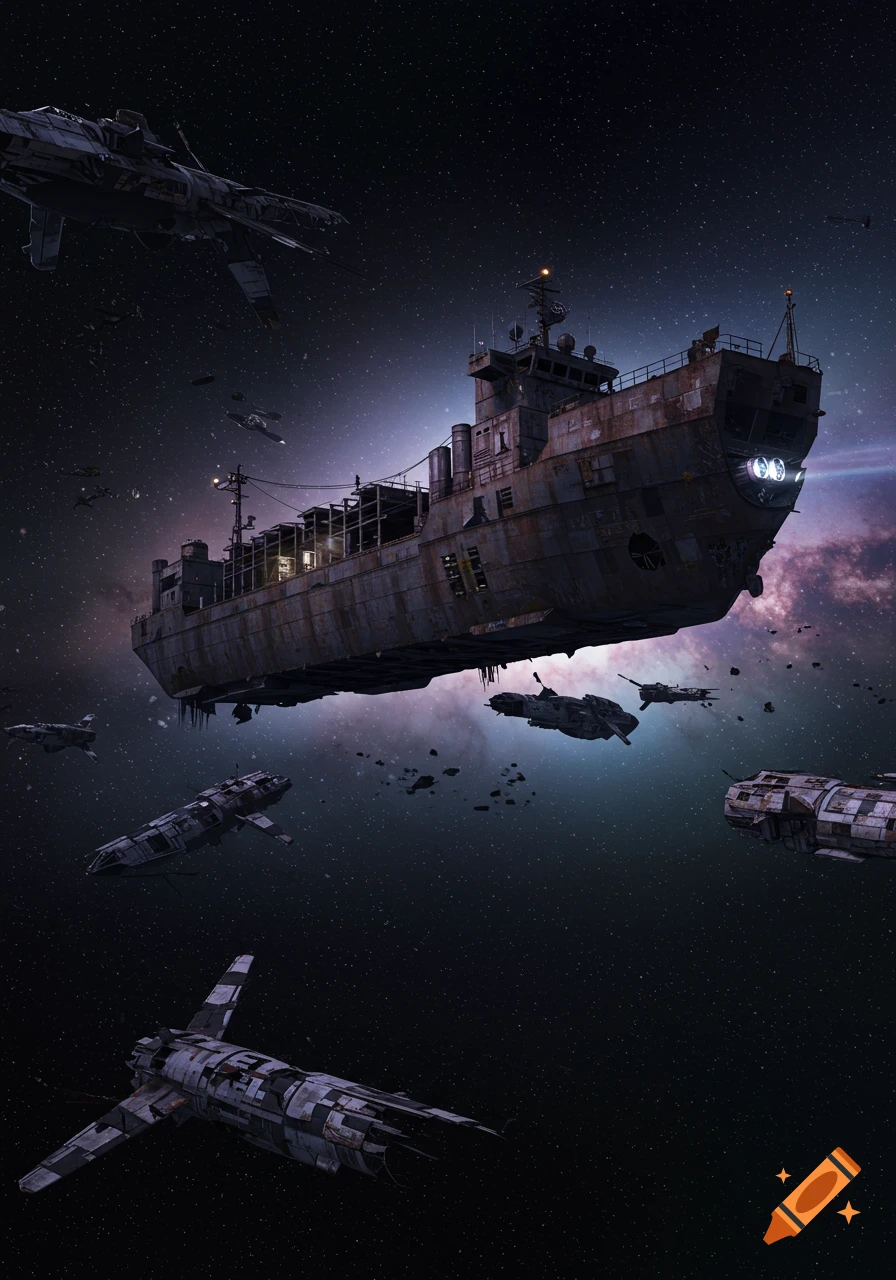 A large, rusty space freighter surrounded by smaller, dilapidated spacecraft, drifting through a starry galaxy.