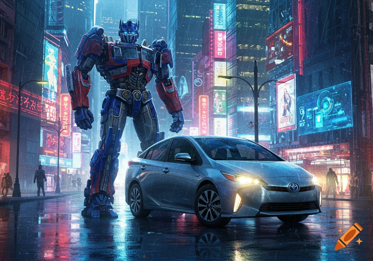 Optimus Prime stands next to a silver car on a wet city street at night, illuminated by neon lights and reflections.