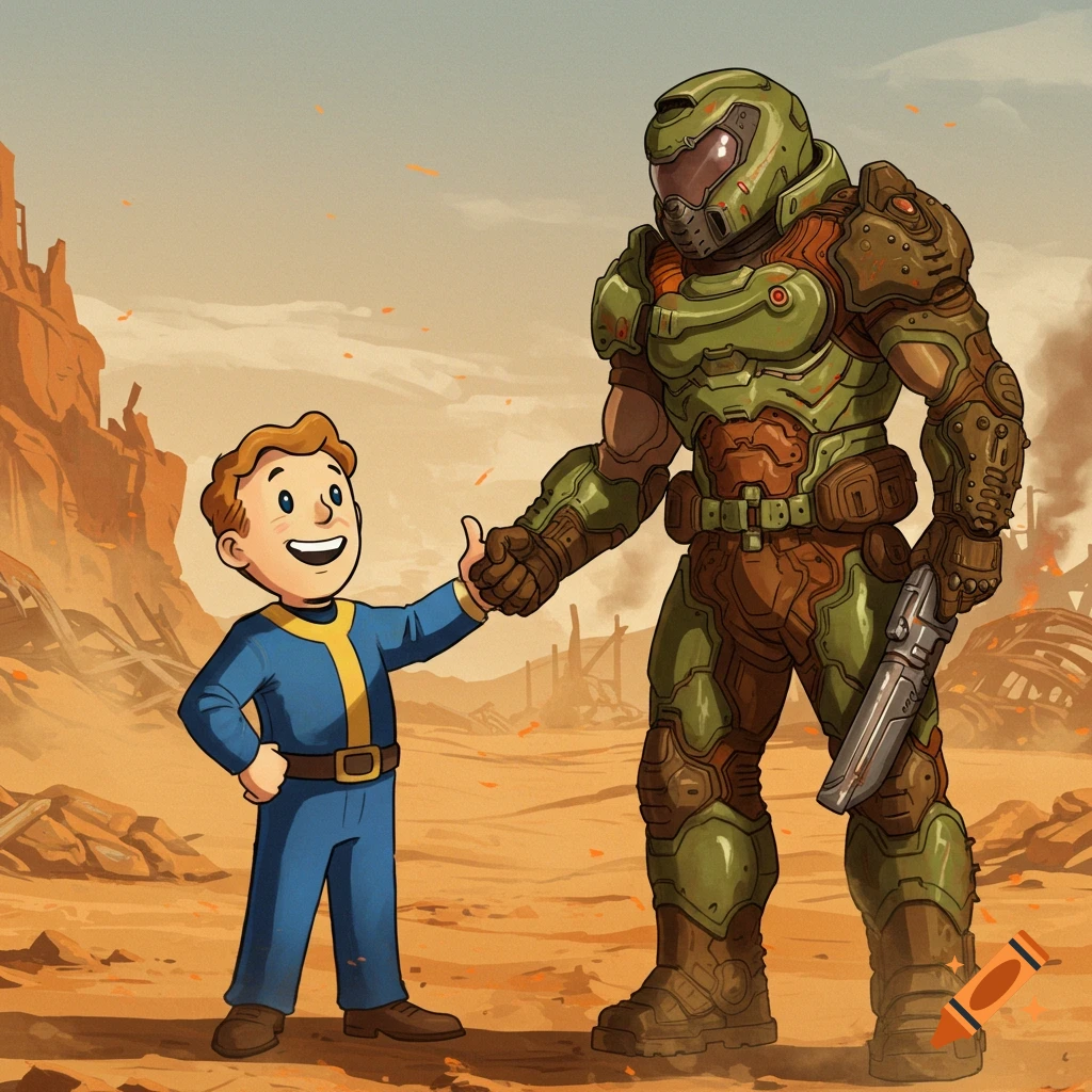 Cartoon of Vault Boy and Doom Guy shaking hands in a post-apocalyptic wasteland.