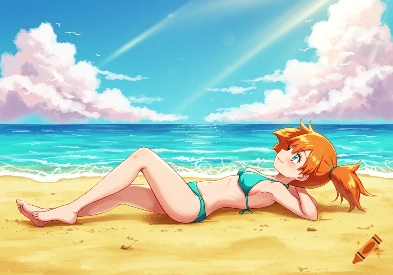 Misty from Pokemon relaxing on a sandy beach in a turquoise bikini under a sunny sky.