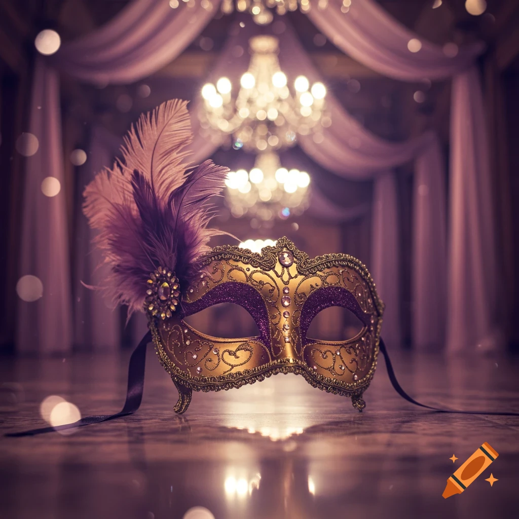A gold and purple masquerade mask with feathers sits on a reflective floor in a dimly lit ballroom with chandeliers.
