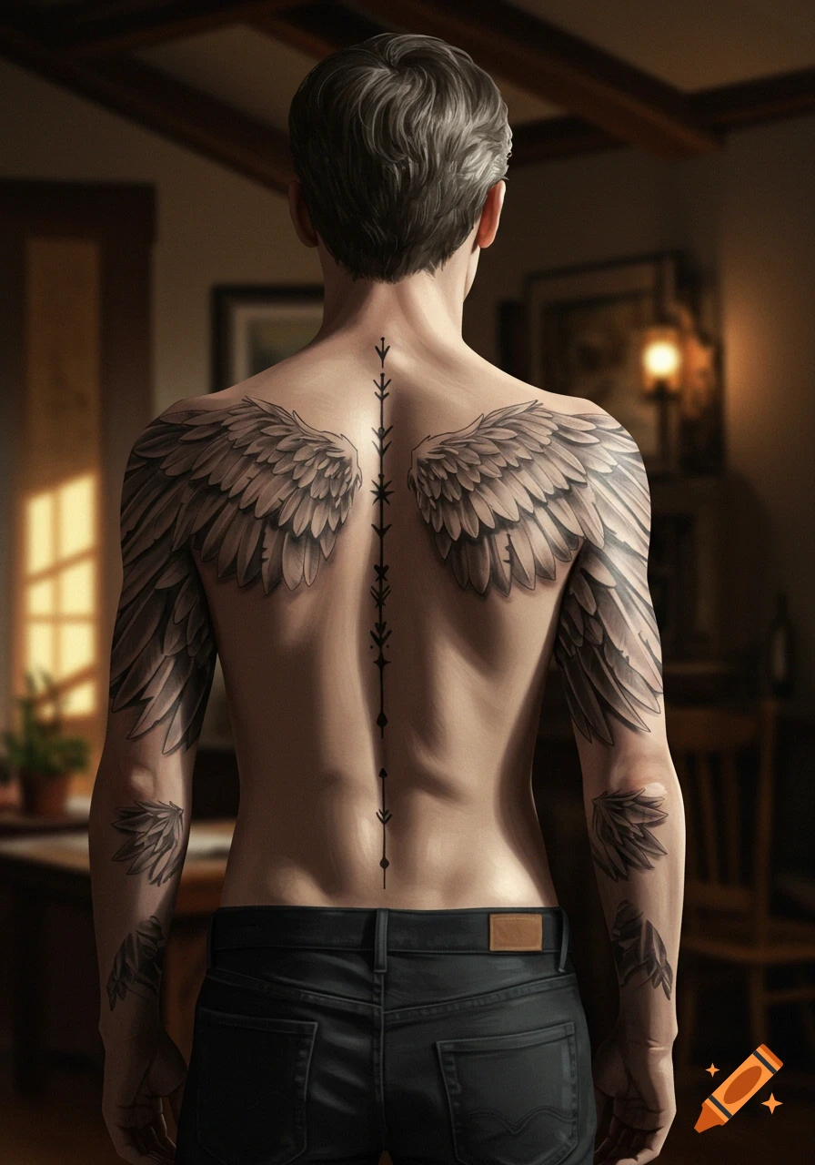 Rear view of a person with intricate feathered wing tattoos on their arms and back, and a spine-like arrow tattoo.